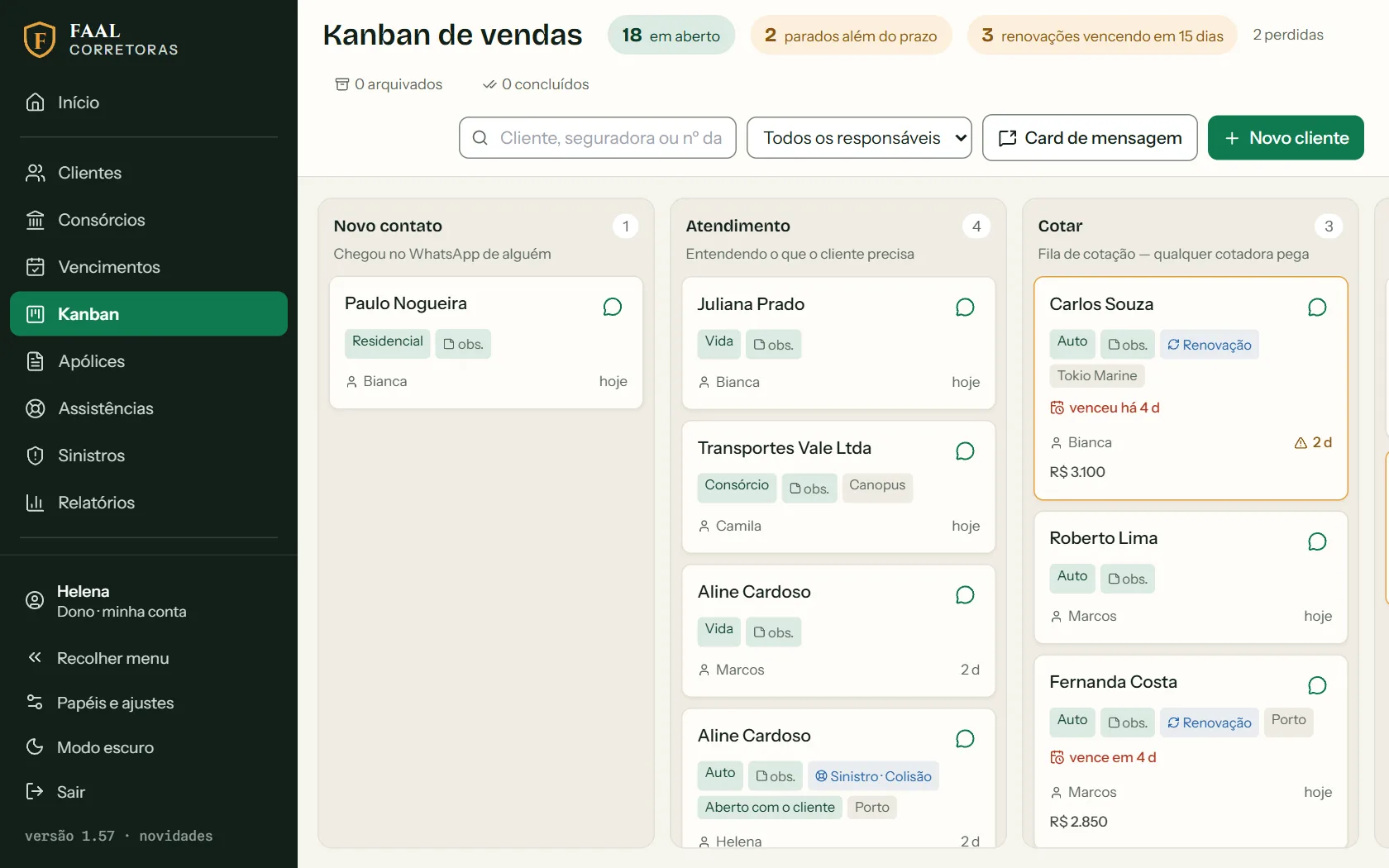 Tela real do FAAL Corretoras: Kanban de vendas, com dados fictícios